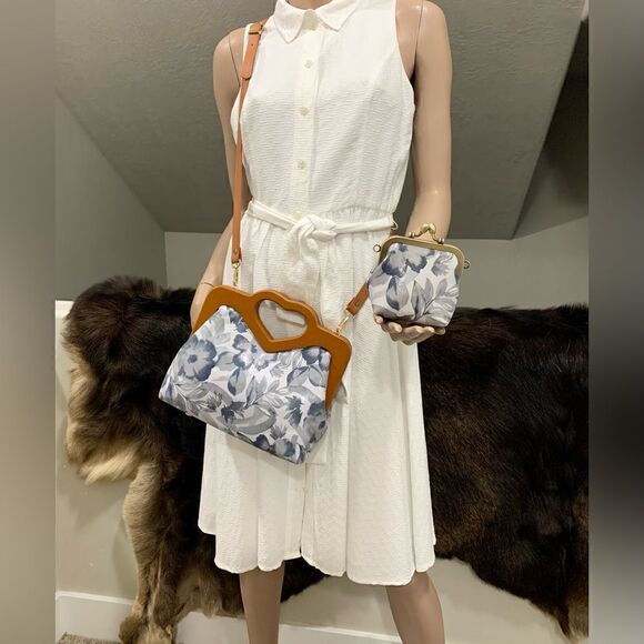 Handmade Genuine Leather Printed Floral Wooden Frame Bag with Small Purse Set - Picture 2 of 16